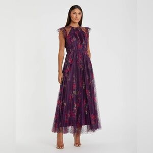 Ieena for Mac Duggal Purple Floral Flutter Sleeve Midi Dress - Size 0